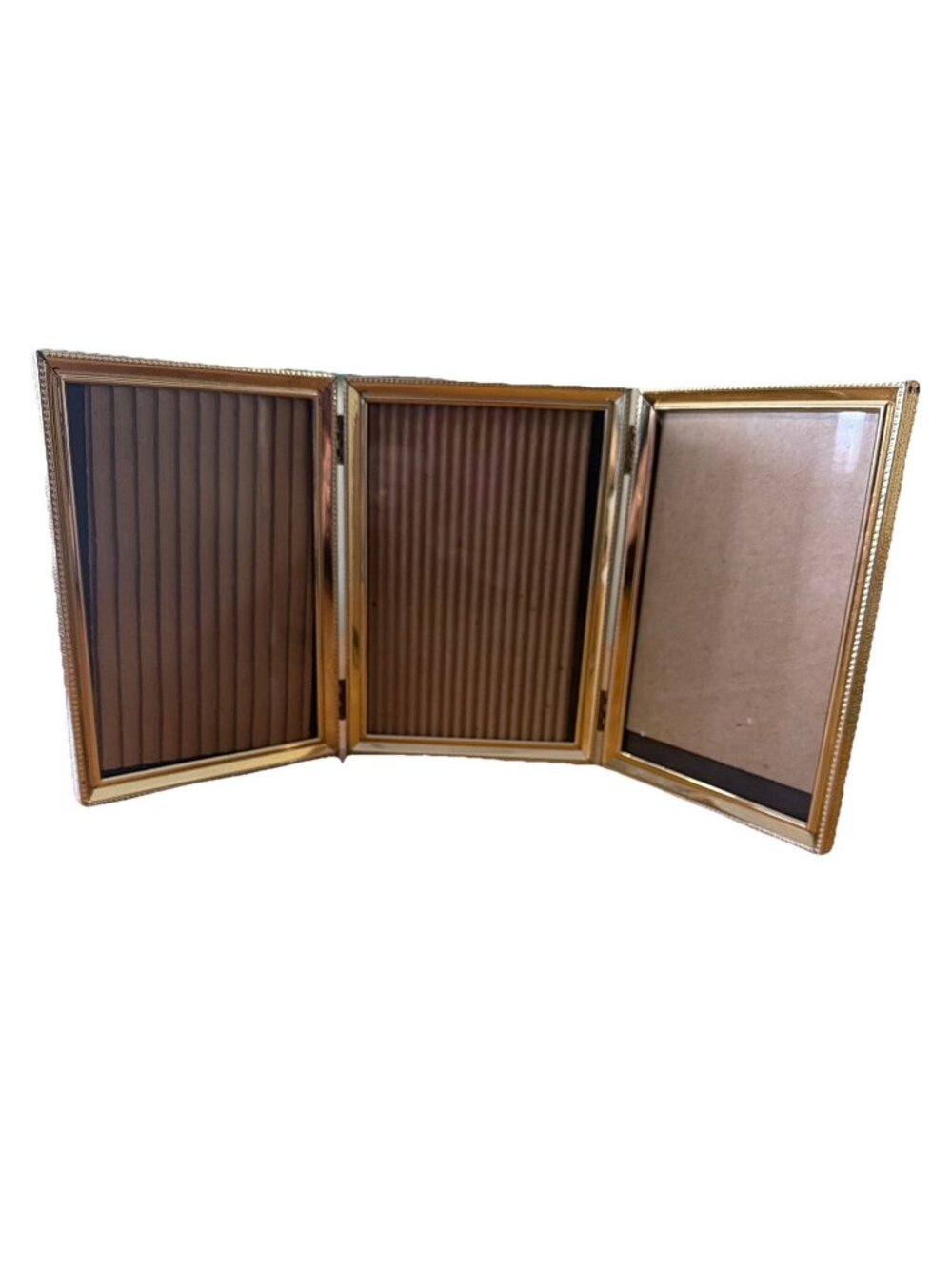 Vintage Brass Triptych Folding 3 Panel Picture Frame 5x7 Beaded Edge